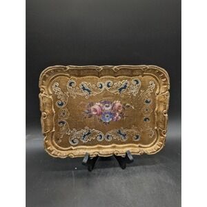 Vintage Mira Italian Florentine Wood Tray Hand Painted Gold Leaf Floral Gilt 10"